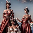 Three women in fantasy dresses with rabbit ear headpieces against snowy mountains