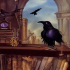 Raven on wooden table with books, clock, gears, twilight sky, castle