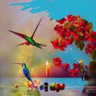 Colorful hummingbirds and butterflies among red flowers and serene water surface.