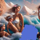 Stylized mythical women in gold swimwear by ocean waves