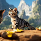 Three kittens in sunny outdoor scene with butterflies and flowers.