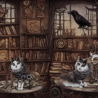 Detailed illustration of grey-striped cats and crow in vintage library with steampunk elements