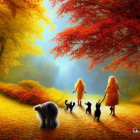 Autumn forest path with two people and cats under soft light