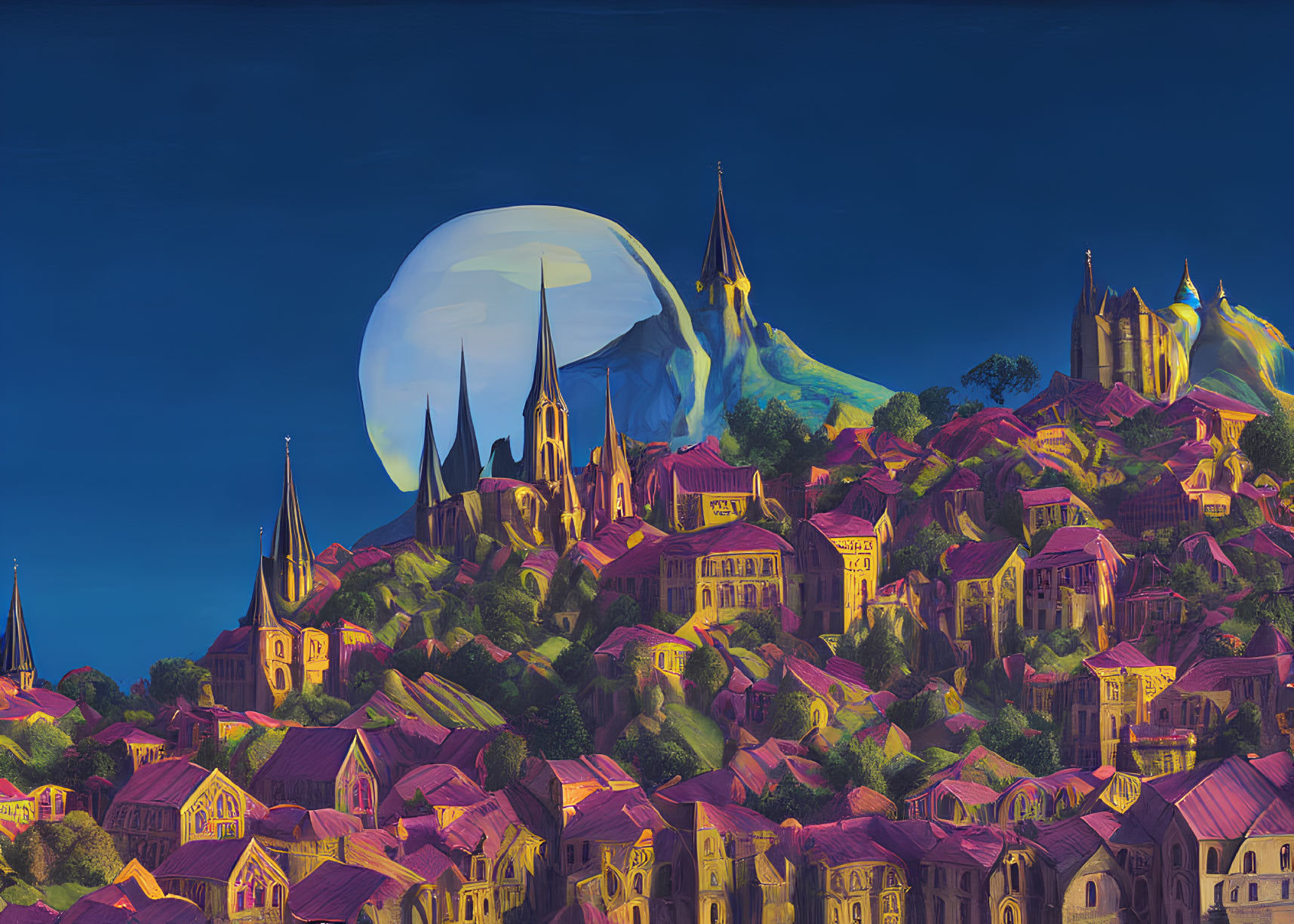 Colorful moonlit village painting with steeples under night sky