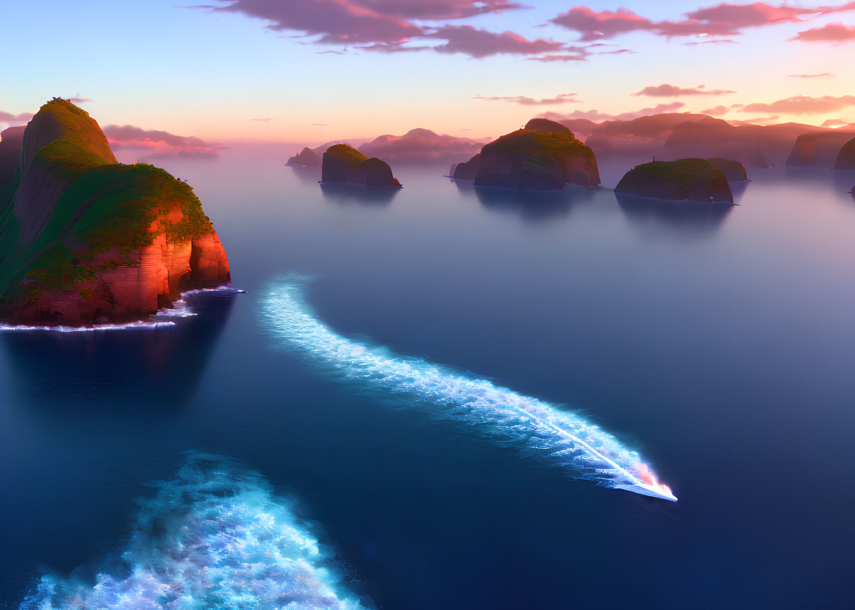Ocean sunset with speeding boat and cliffs under warm sky