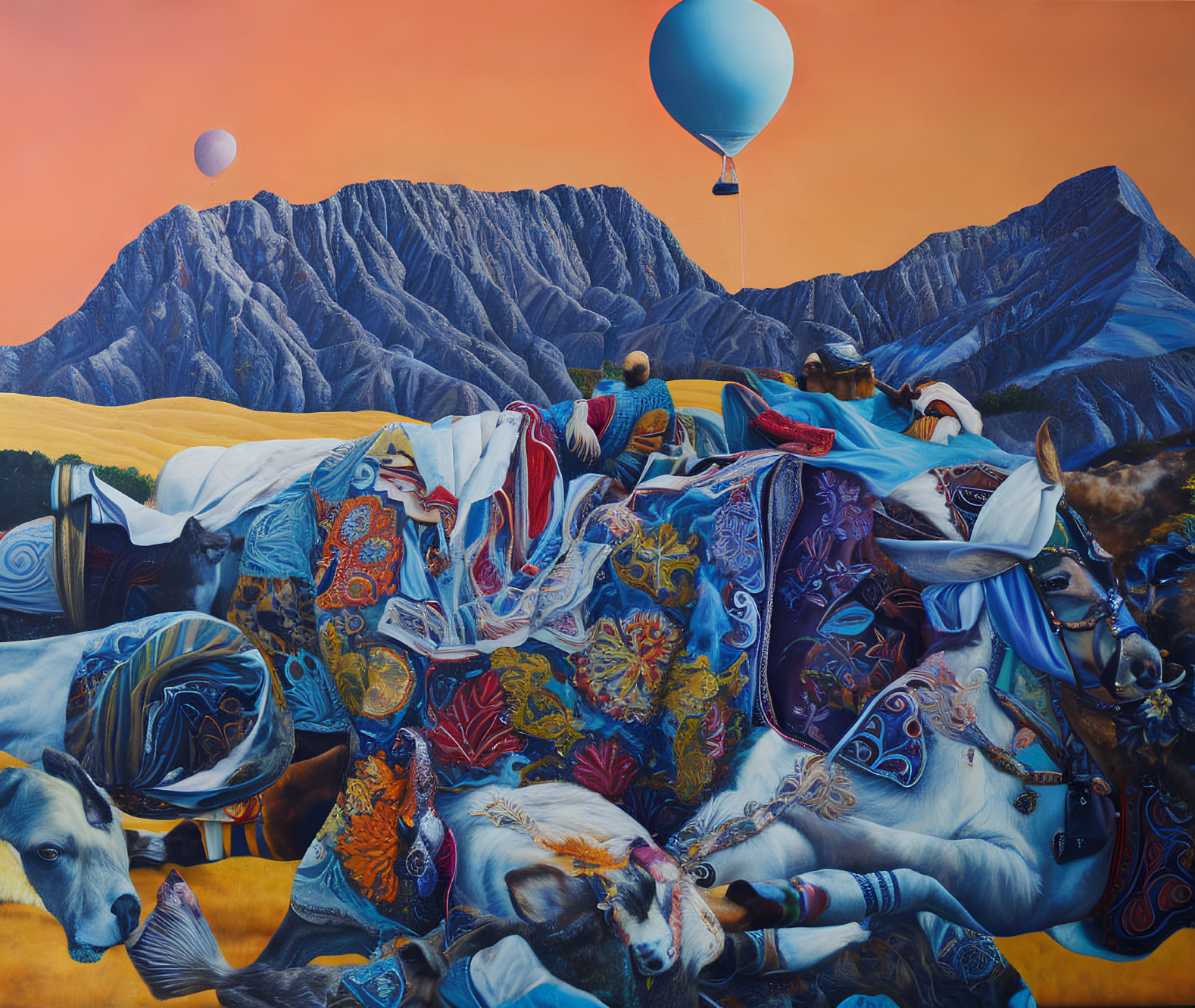 Colorful painting of cows with blankets in mountain landscape and balloon in sky