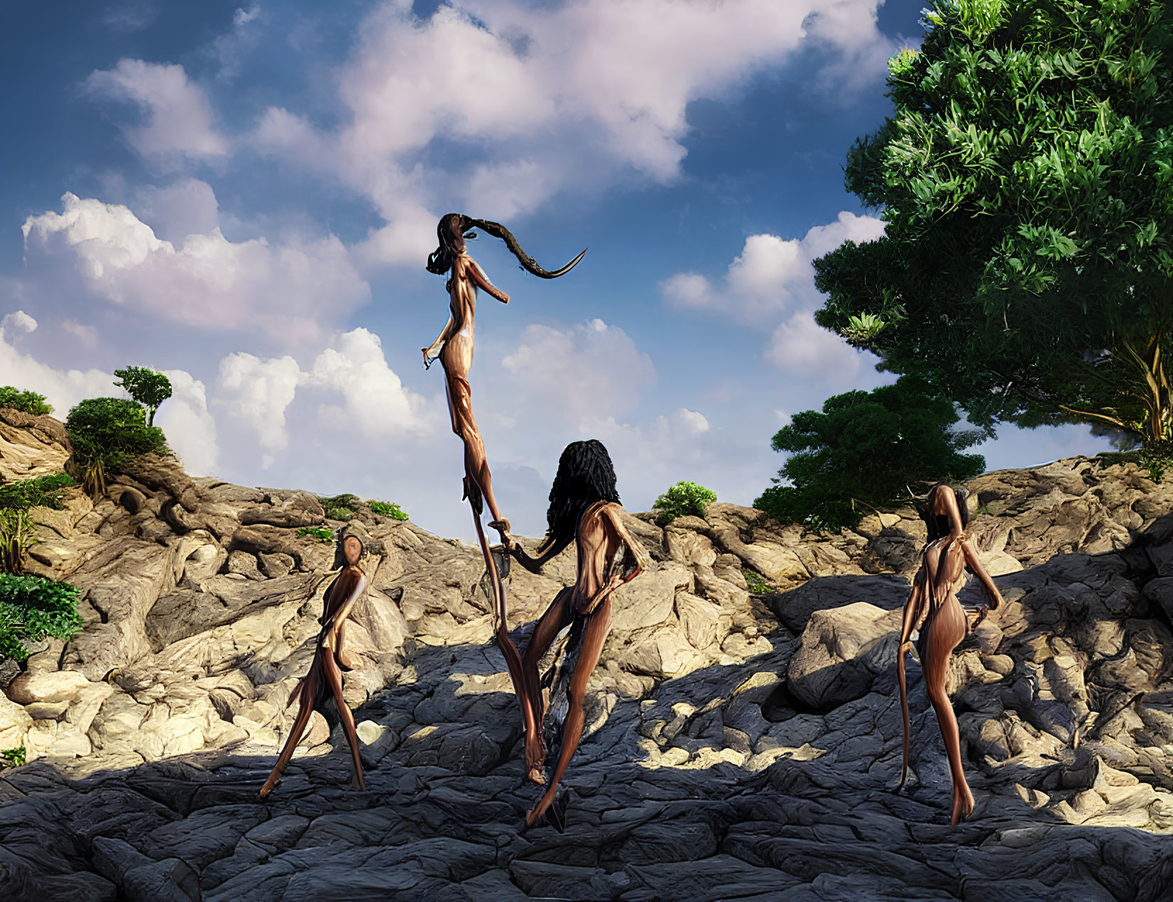 Three humanoid figures with staff on rocky terrain under clear sky