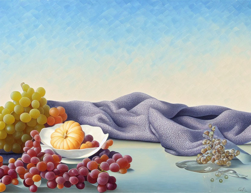 Classic Still Life Painting: Grapes, Orange, Purple Cloth on Blue Background