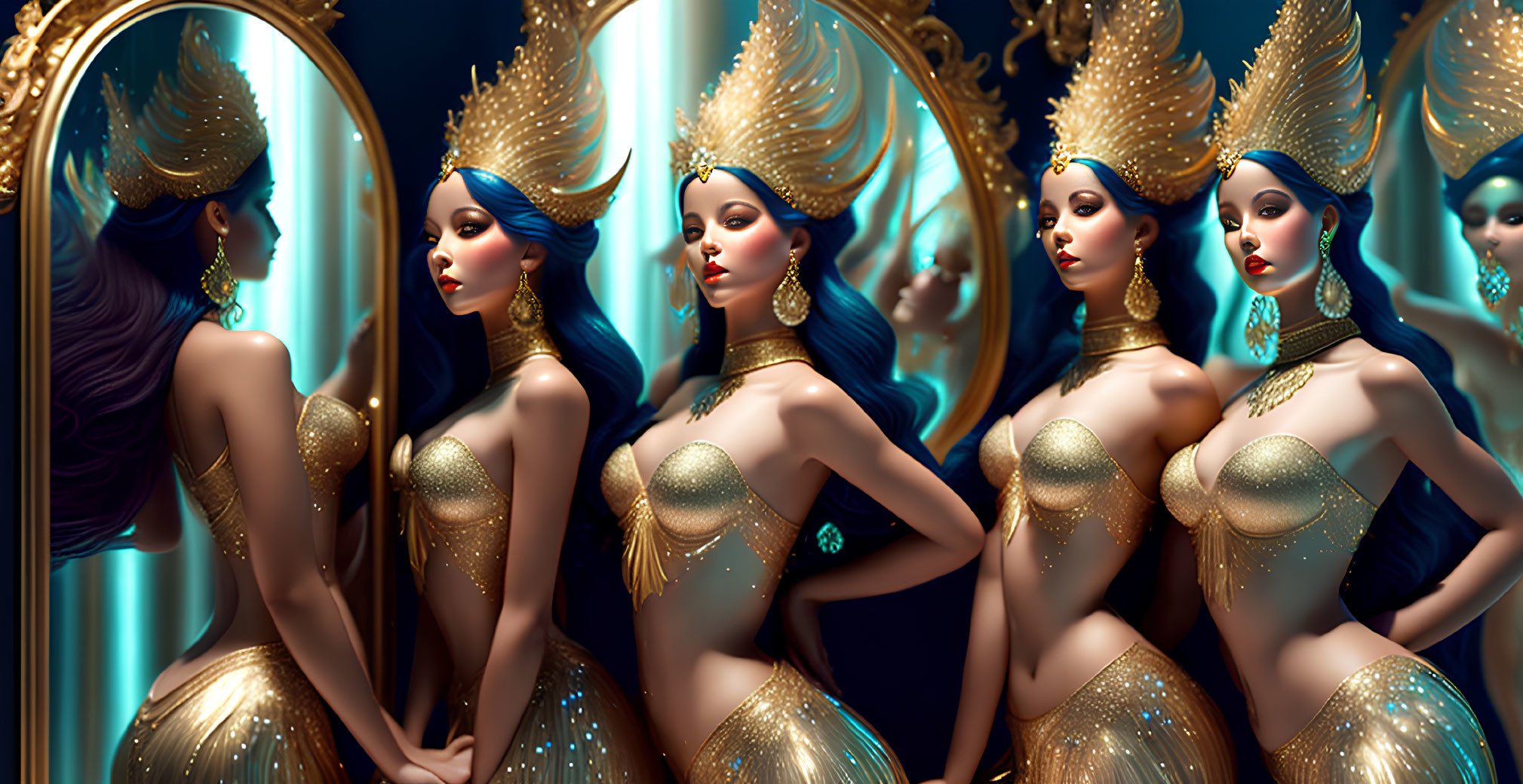Identical glamorous women with blue hair and golden attire mirrored in luxurious symmetry