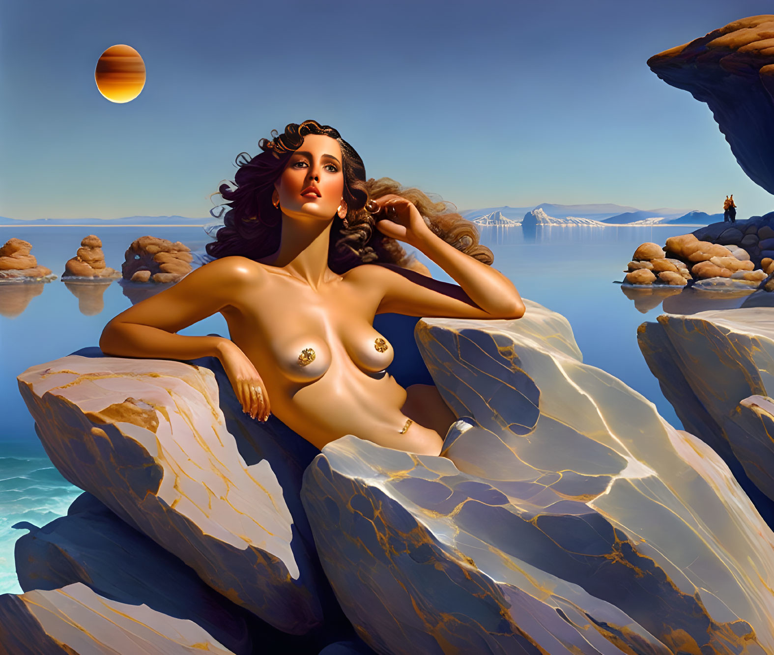 Digital artwork of woman reclining on rocky formations by calm sea with planet in sky