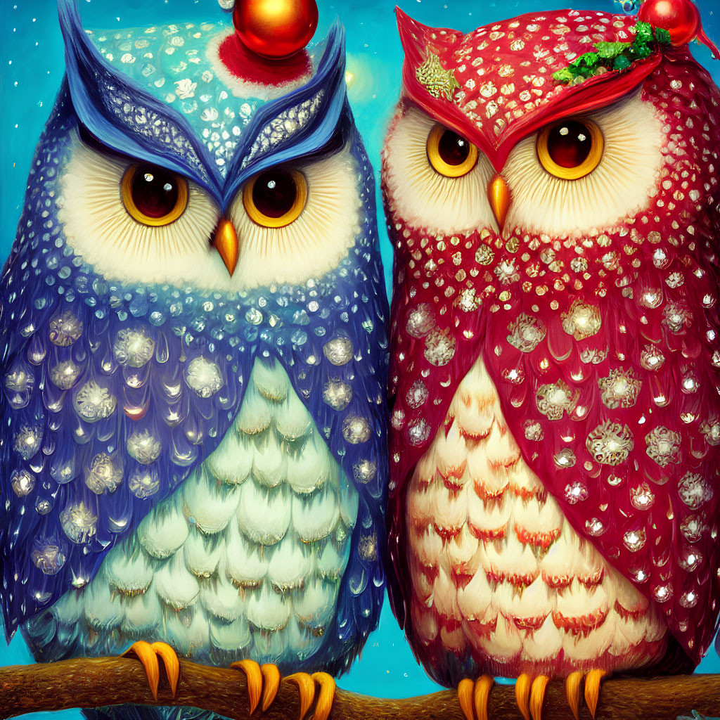 Colorful Stylized Owls in Christmas Hats on Branch against Turquoise Background