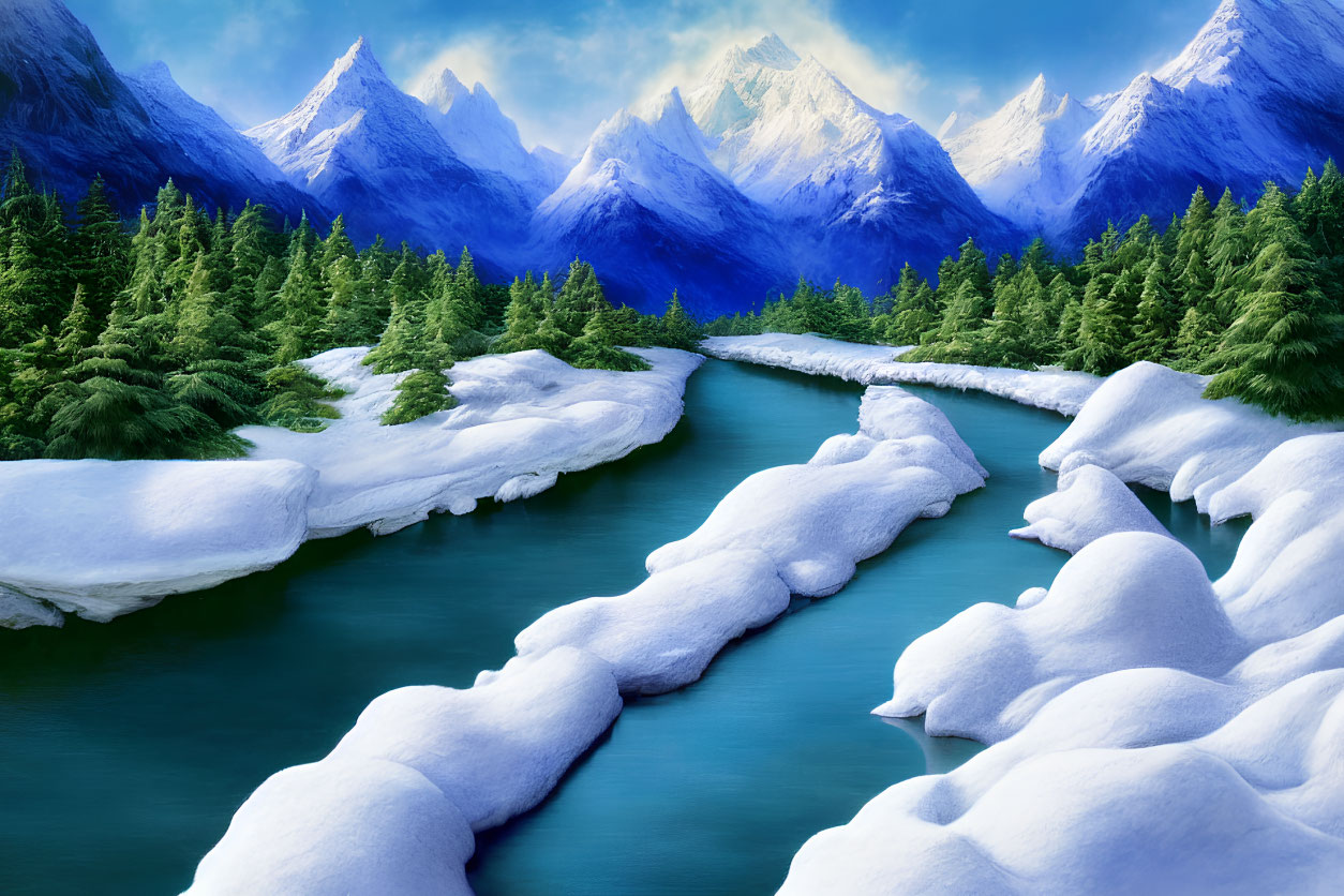 Snowy River Scene: Winter Landscape with Mountains