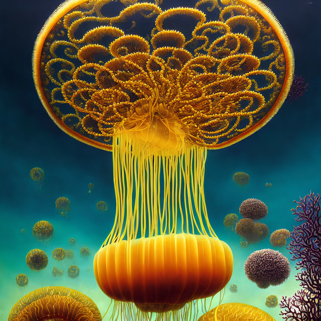 Vibrant Orange Jellyfish with Intricate Patterns in Blue Underwater Scene