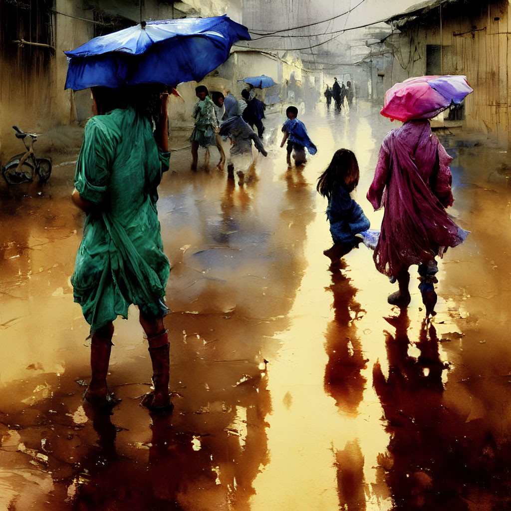 People with umbrellas walk on wet, reflective street in rundown area with children playing under gloomy sky
