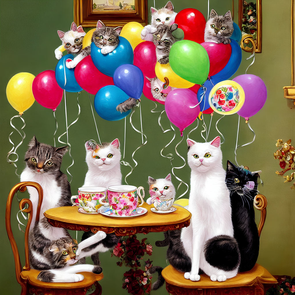 Colorful Balloon Decorated Tea Party with Playful Cats