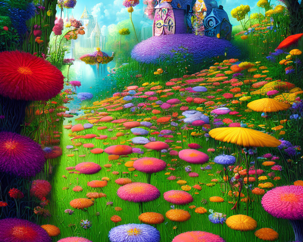 Colorful fantasy landscape with flower path, whimsical towers, and tranquil river