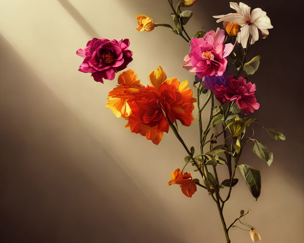Colorful Flower Bouquet with Soft Shadowed Background and Striking Light Ray