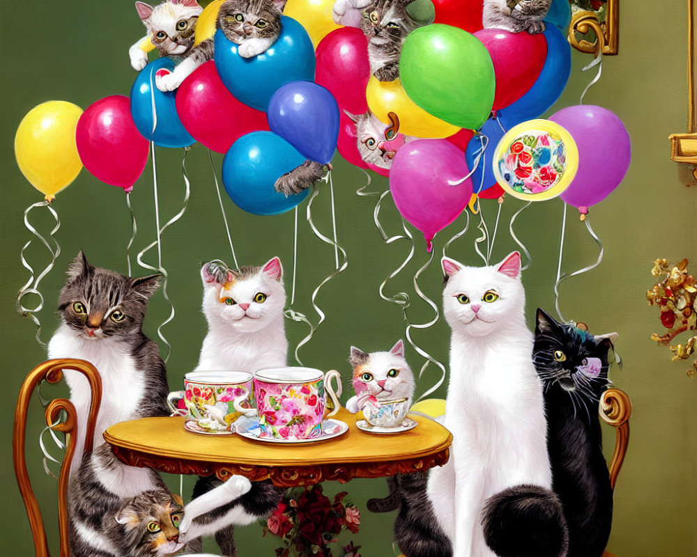 Colorful Balloon Decorated Tea Party with Playful Cats