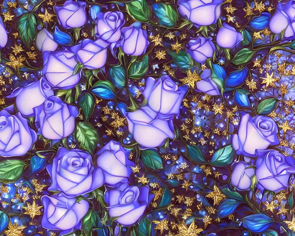 Colorful Floral Pattern with Purple Roses, Green Leaves, and Gold Stars on Deep Blue Background