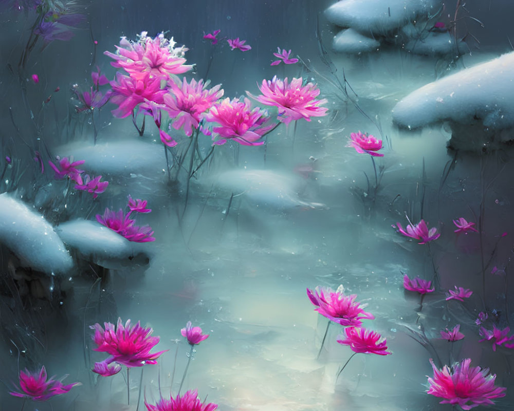 Pink flowers blooming over snowy ground with stones - serene winter scene