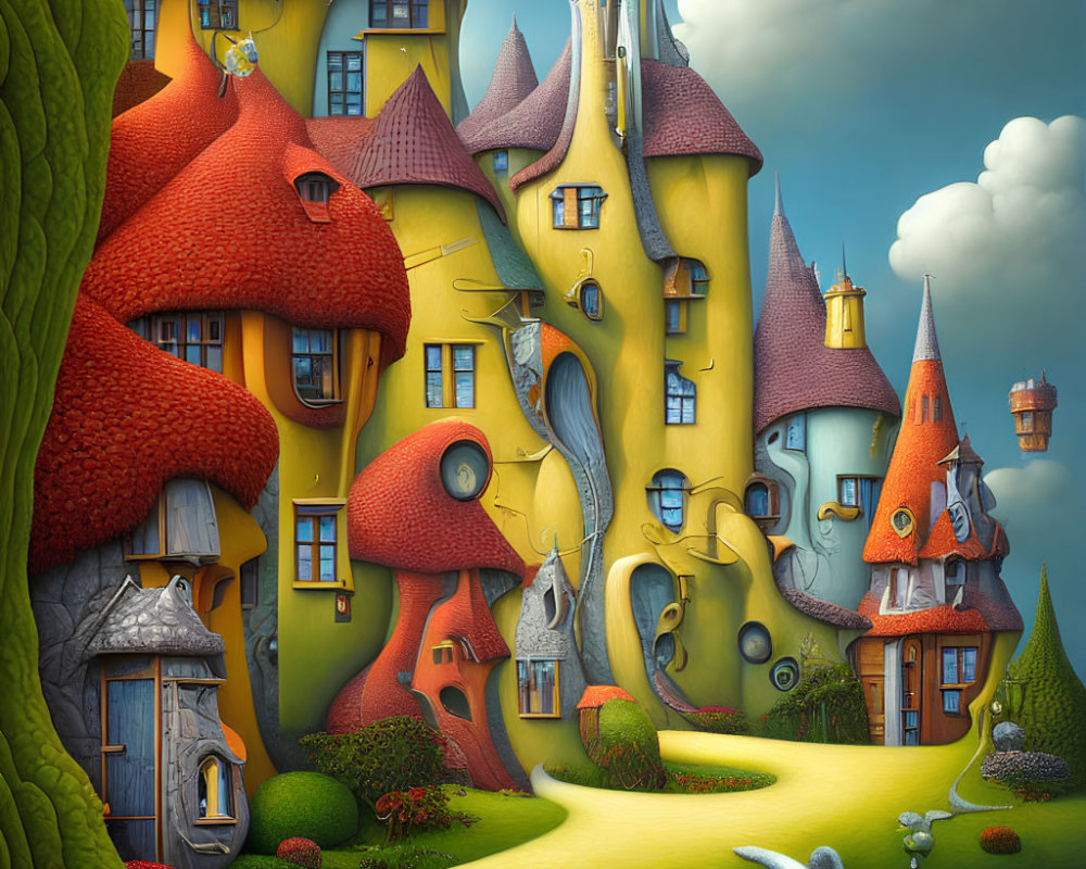 Colorful mushroom houses in surreal village landscape