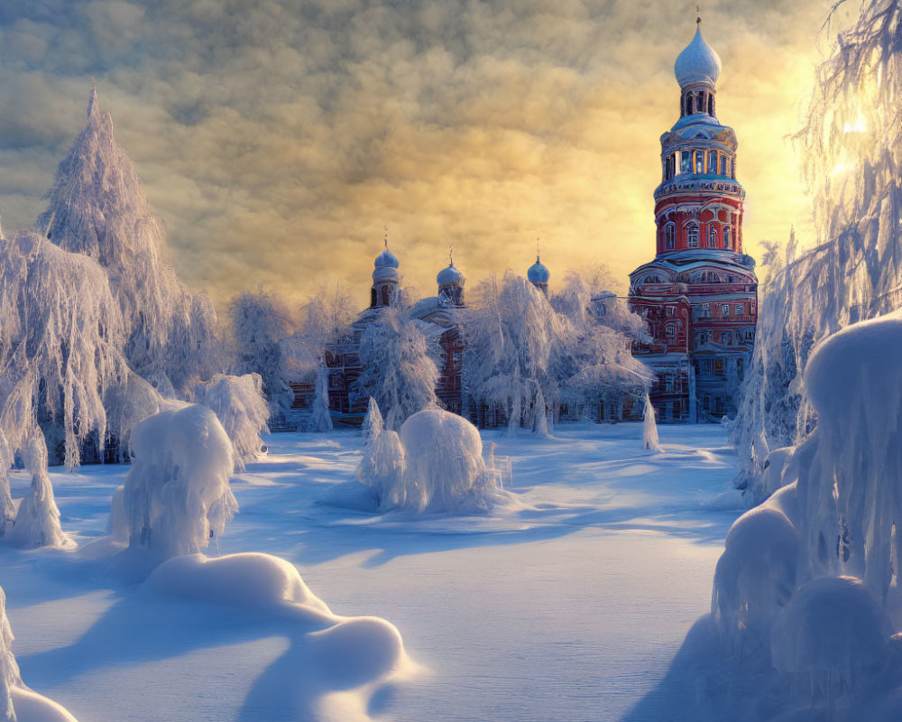 Winter sunset over snow-covered landscape with orthodox cathedral