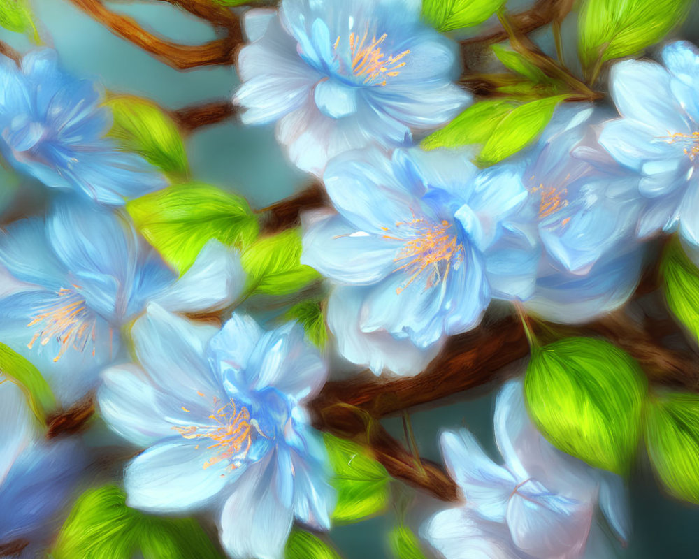Vibrant blue cherry blossoms with orange stamens on green and brown background