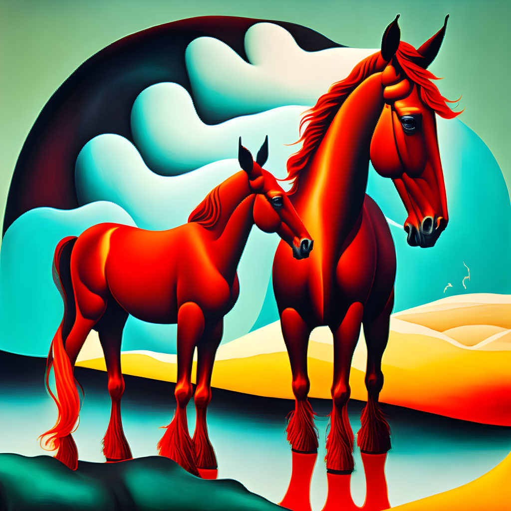 Vibrant digital artwork: Stylized red horses in surreal landscape