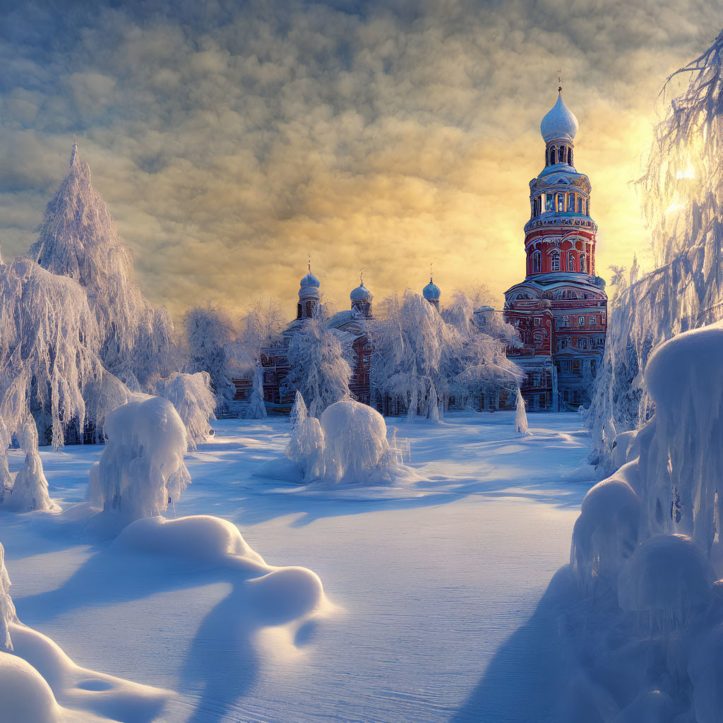 Winter sunset over snow-covered landscape with orthodox cathedral