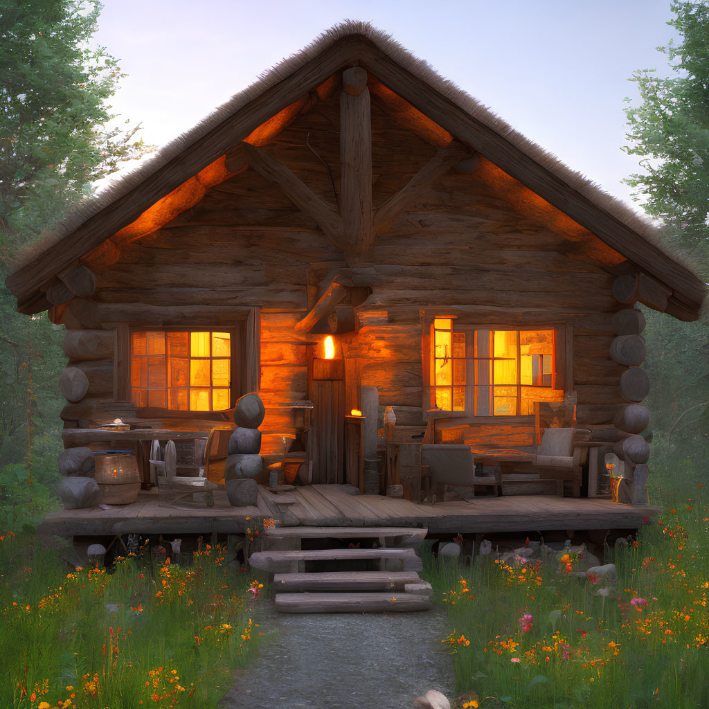 Rustic log cabin at dusk with warm light and lush surroundings