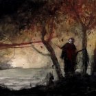 Person in Red Coat Standing by Large Moon and Water in Moody Landscape