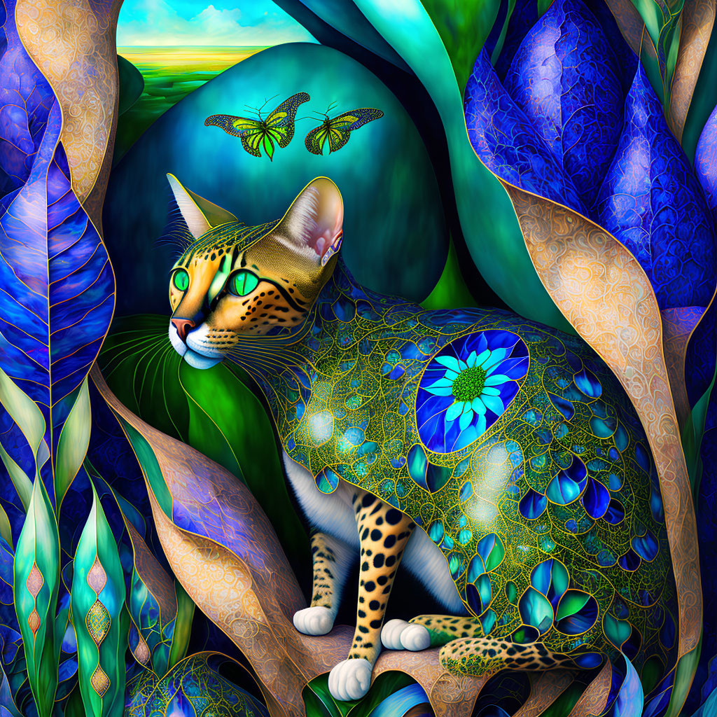 Colorful Stylized Cat Art Among Fantasy Foliage and Orbs