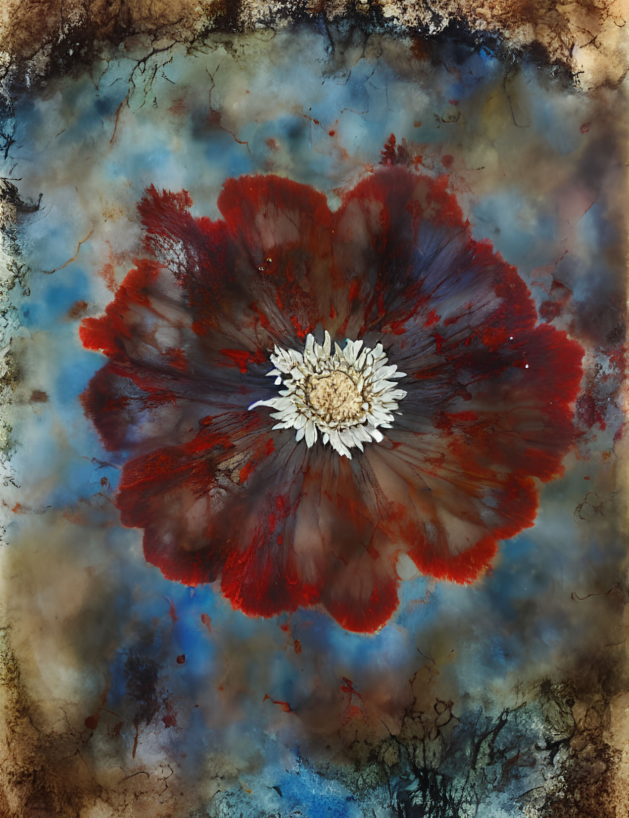 Abstract image of red petal flower on blue and brown background