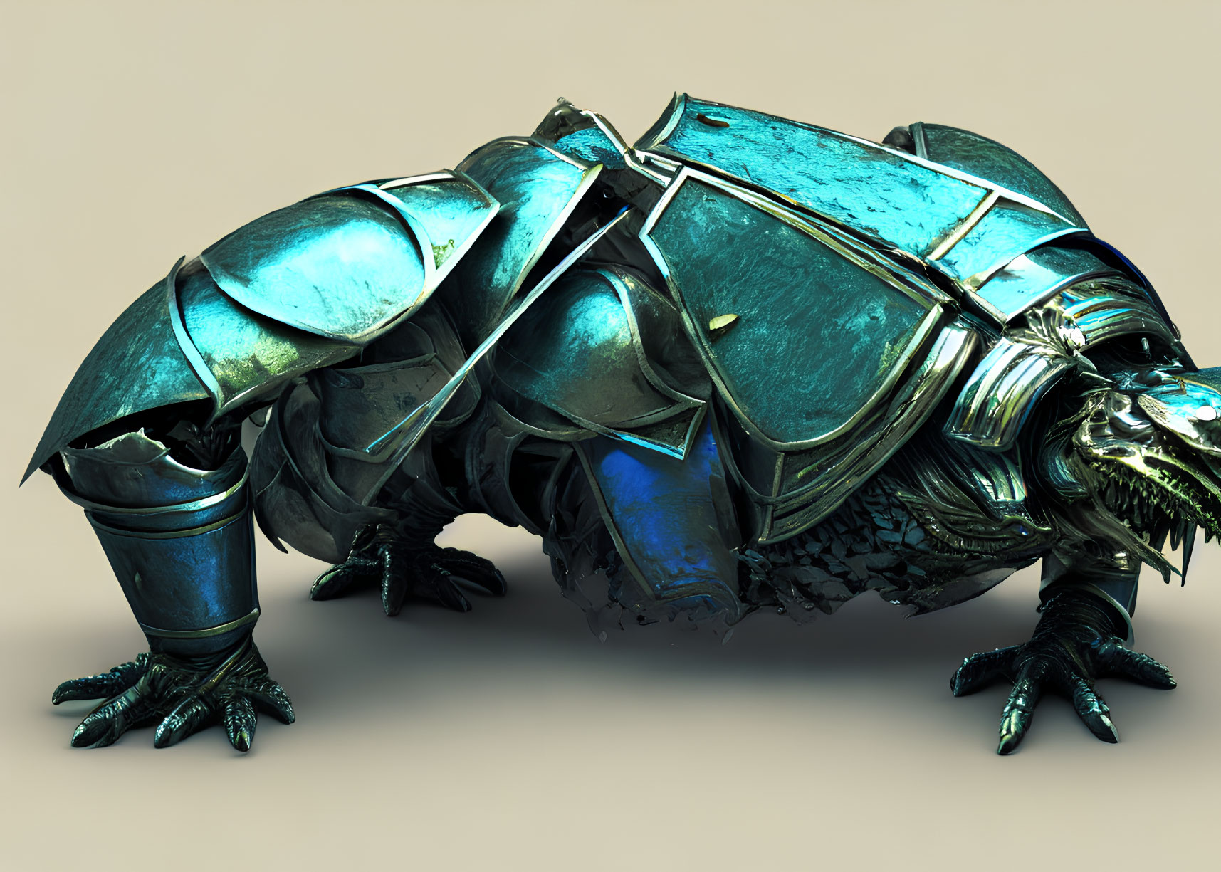 Stylized armored reptile with metallic blue plating on neutral background
