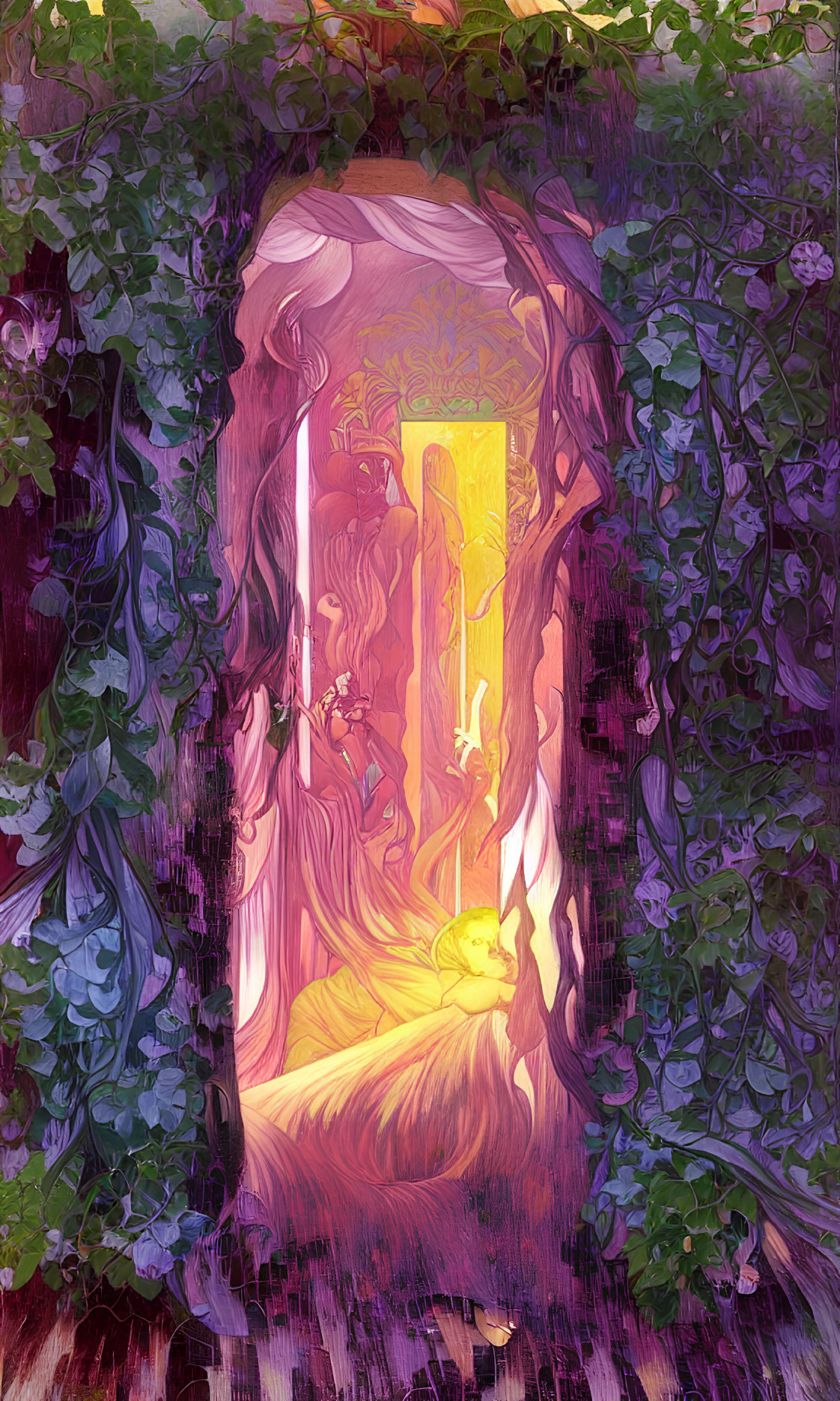 Mystical archway illustration with golden interior and reclining figure