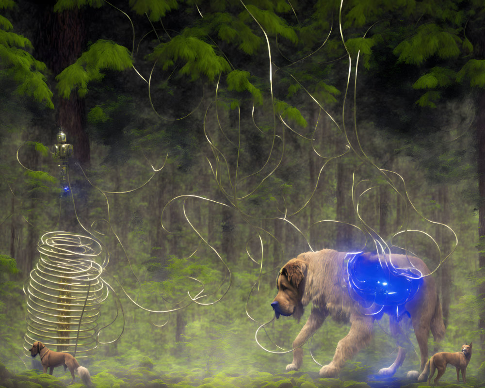 Fantastical forest scene with translucent blue lion and mystical white swirls