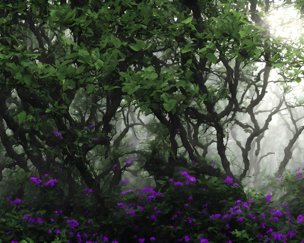 Person standing in misty forest with backpack, green foliage, and purple wildflowers
