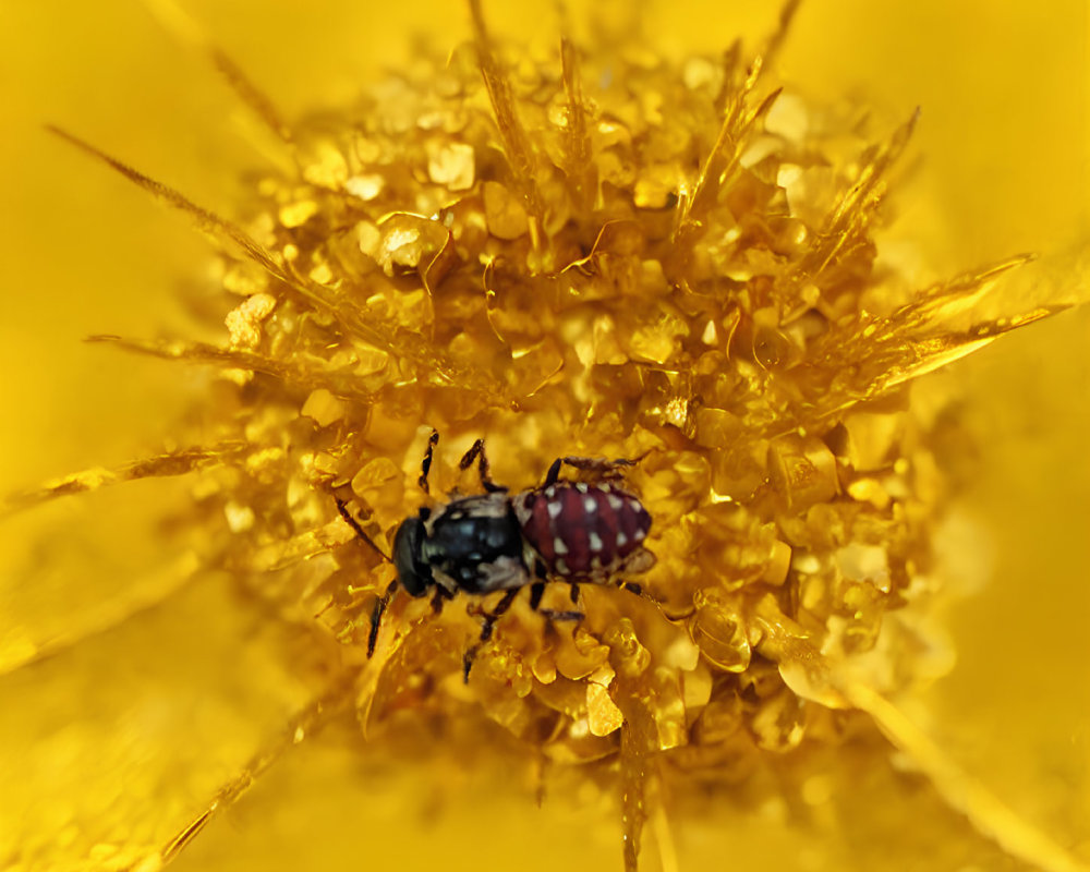 Detailed Close-Up of Beetle on Yellow Flower with Golden Petals