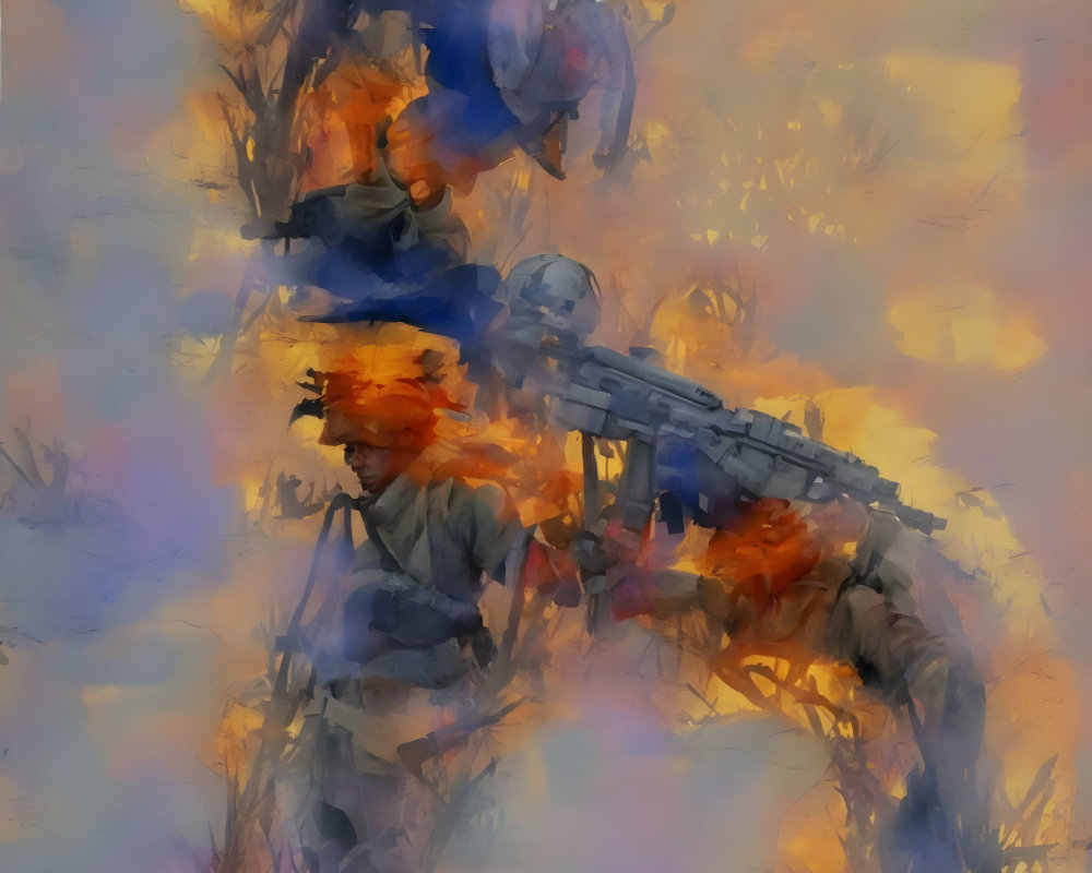 Abstract Impressionistic Painting of Blue Figures with Fiery Orange and Yellow