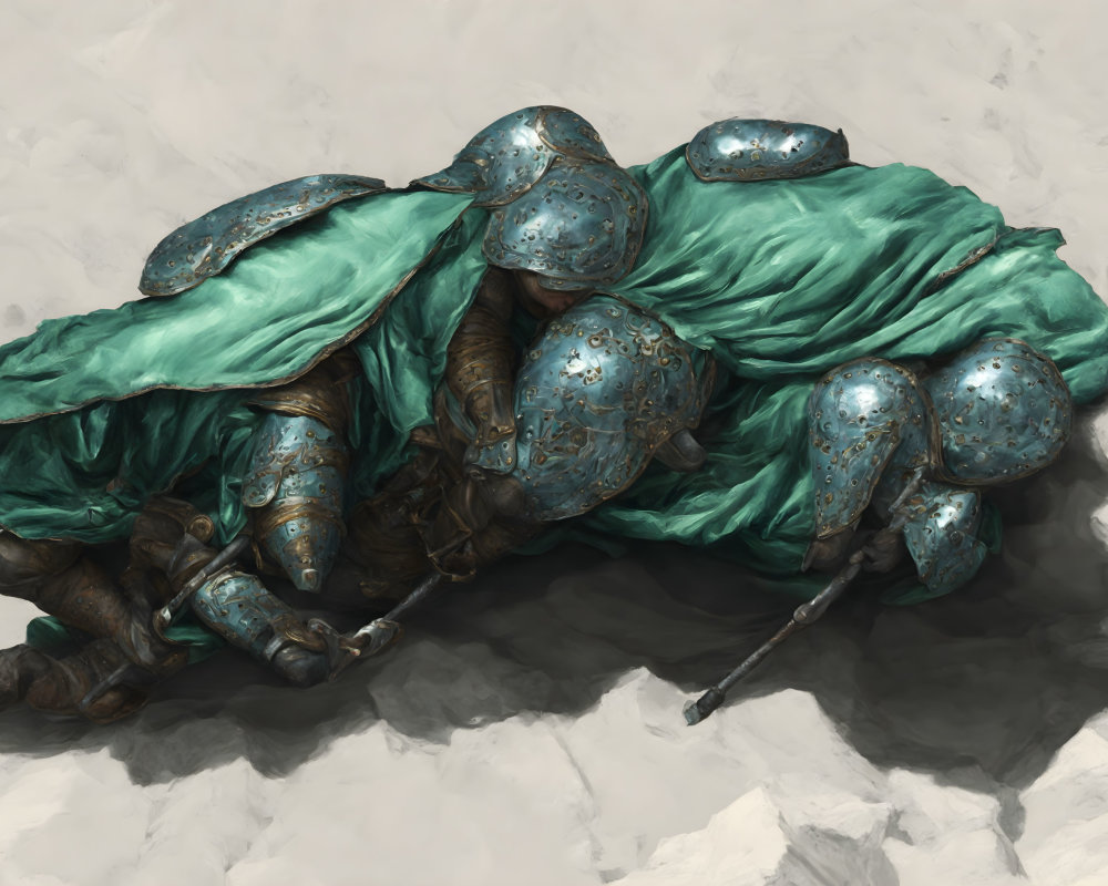 Fallen knight in turquoise armor with spear, lying on ground.