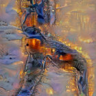 Abstract Impressionistic Painting of Blue Figures with Fiery Orange and Yellow