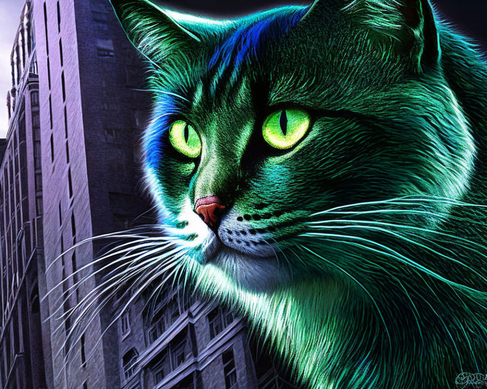 Vibrant digital artwork: Cat with glowing green eyes and neon blue fur in cityscape.