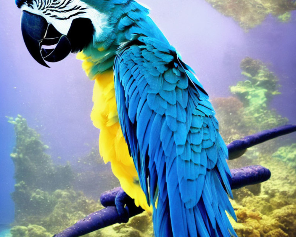 Colorful Macaw Perched Underwater with Coral and Marine Life
