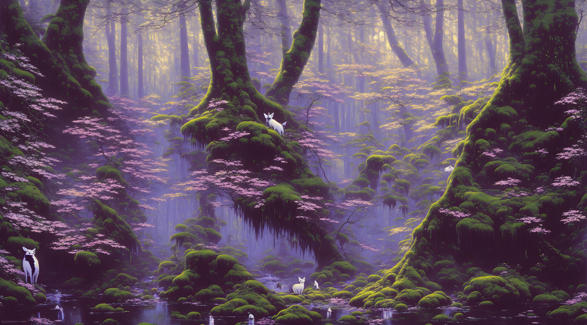 Tranquil forest scene with moss-covered trees, pink blossoms, white deer, and ethereal