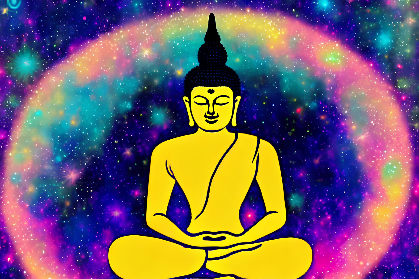 Meditating Buddha Figure with Cosmic Galaxy Background