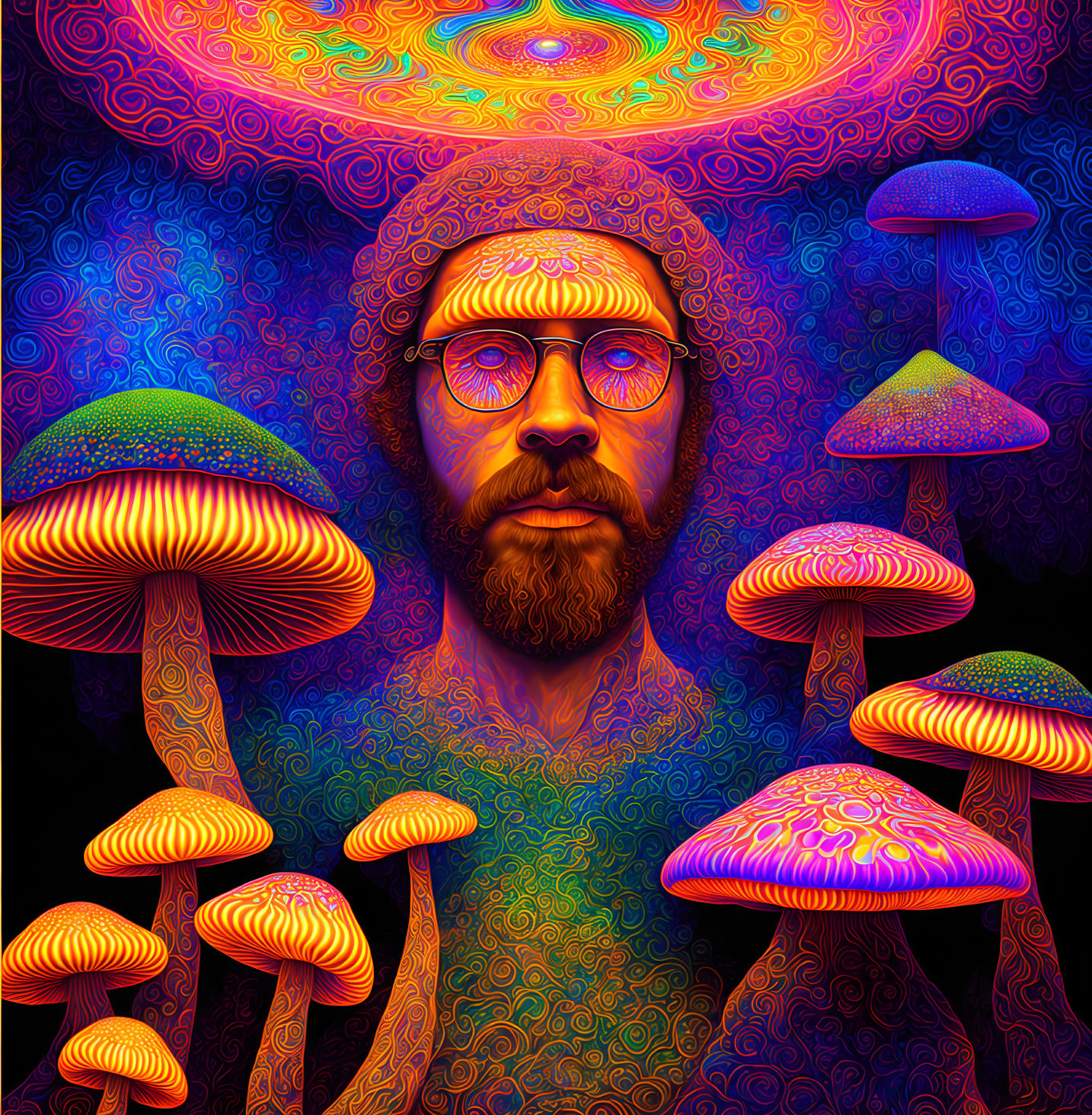 Colorful Psychedelic Portrait with Bearded Figure and Neon Mushrooms