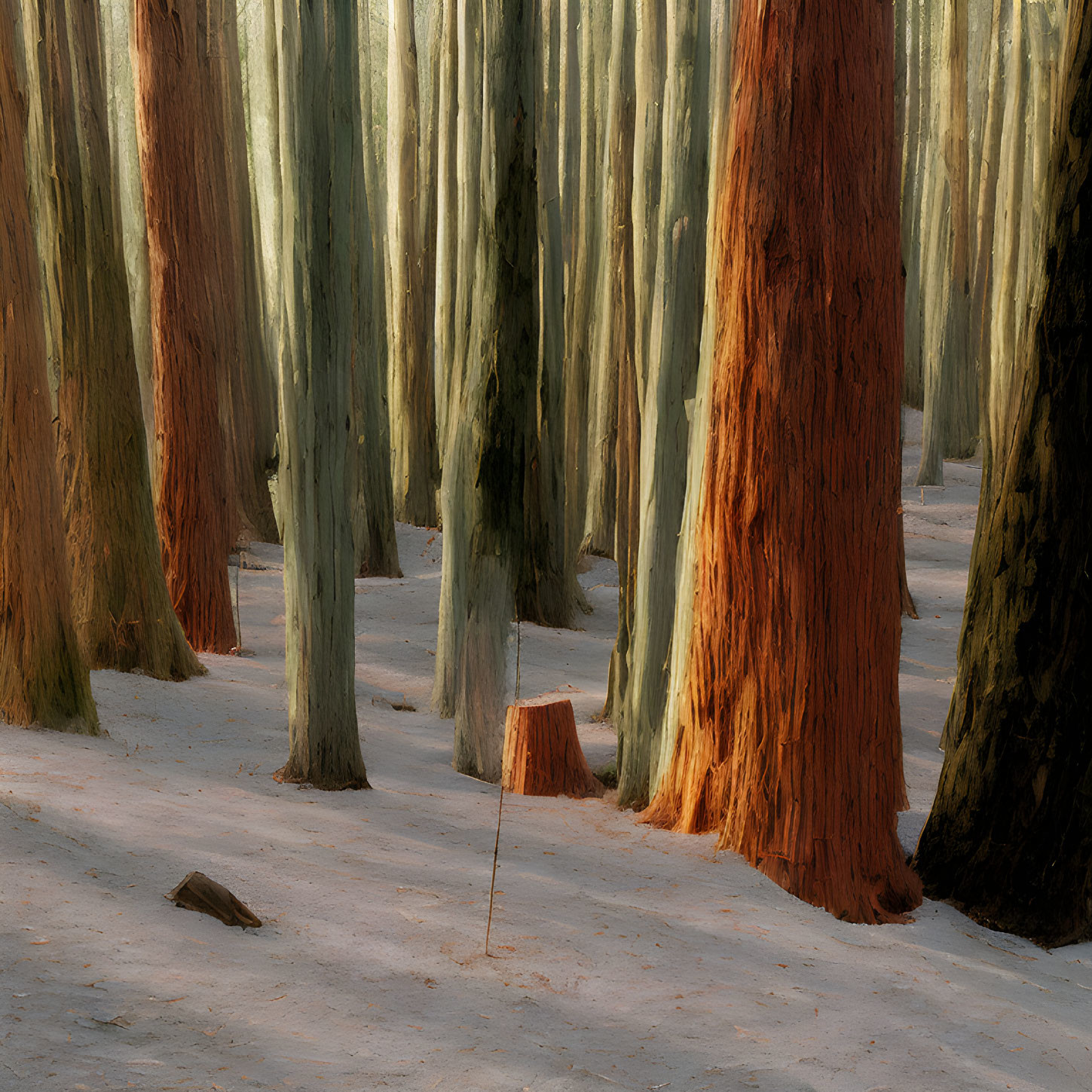 Forest scene: Sunlight filtering through dense trees, highlighting red-barked trunks and contrasting with cooler