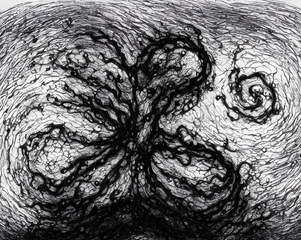Abstract black and white ink drawing with intricate organic swirls and textures.
