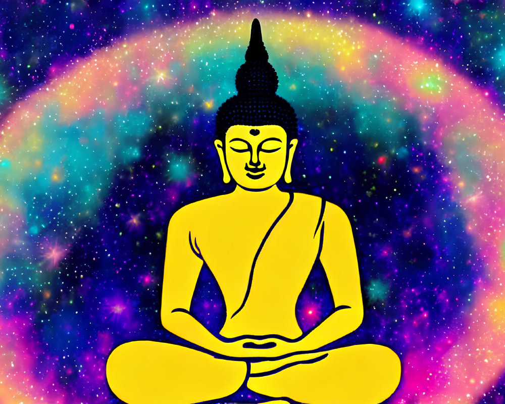 Meditating Buddha Figure with Cosmic Galaxy Background