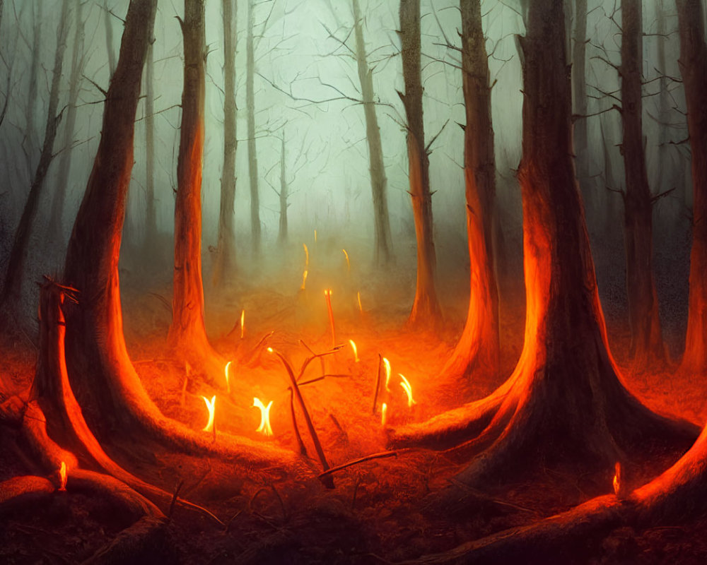Enchanting forest with glowing trees, misty atmosphere, and gentle flames